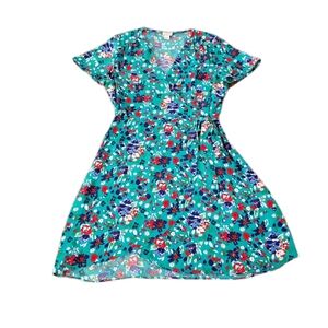 J Crew Factory Teal Blue Red Floral Print Short Sleeve True Wrap Dress Size 8